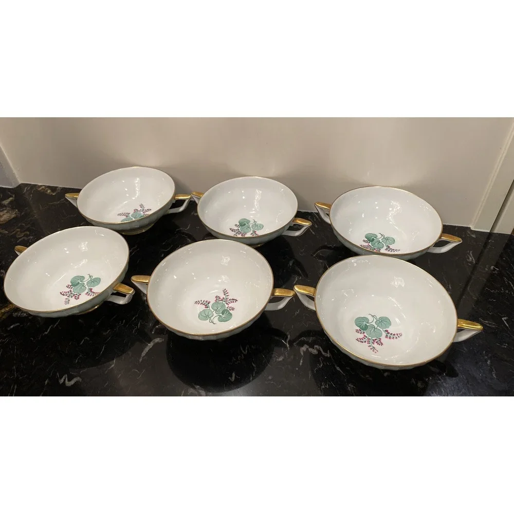 6 Royal Bayreuth Germany Swirl Turquoise Flat Cream Soup Bowls Double Handle